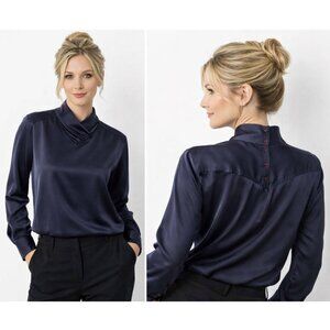 Ishyu Vintage Navy Satin Blouse V-Neck Drape Long Sleeve Size medium 10